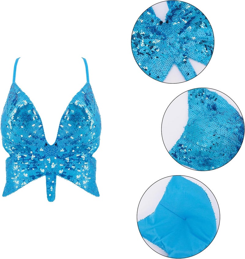 Mocure Womens Glitter Sequin Butterfly Crop Top Low-Cut Tank Top Rave Tube Vest Top for Belly Dance Costume Outfits - Image 5
